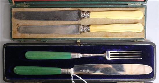 A George III silver and stained ivory handled knife and fork, Sheffield, 1792, in later case and two cased French knives.